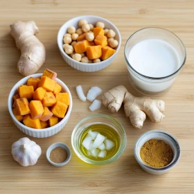 Step-by-step preparation of Spiced Sweet Potato Chickpea Curry showing ingredients and initial cooking steps