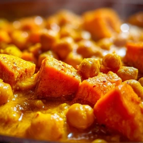 Close-up of Spiced Sweet Potato Chickpea Curry showing texture, layers, and glossy finish