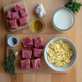 Step-by-step preparation of Garlic Steak Tortellini Delight showing ingredients and initial cooking steps