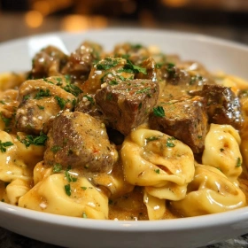 Close-up of Garlic Steak Tortellini Delight showing texture, layers, and glossy finish