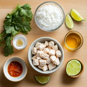 Step-by-step preparation of Spicy Coconut Chicken Rice Bowl showing ingredients and initial cooking steps