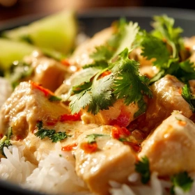 Close-up of Spicy Coconut Chicken Rice Bowl showing texture, layers, and glossy finish
