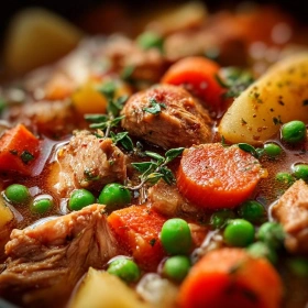 Close-up of Hearty Slow Cooker Chicken Stew showing texture, layers, and glossy finish