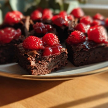 Perfectly cooked Decadent Raspberry Chocolate Brownies served and ready to eat - final result