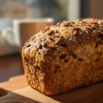 Perfectly cooked Nutty Multigrain Breakfast Loaf served and ready to eat - final result
