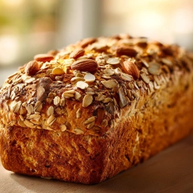 Close-up of Nutty Multigrain Breakfast Loaf showing texture, layers, and glossy finish
