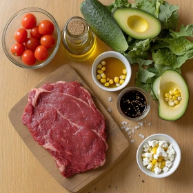 Step-by-step preparation of Vibrant Grilled Steak Salad Bowl showing ingredients and initial cooking steps