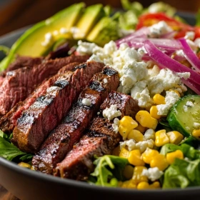 Close-up of Vibrant Grilled Steak Salad Bowl showing texture, layers, and glossy finish