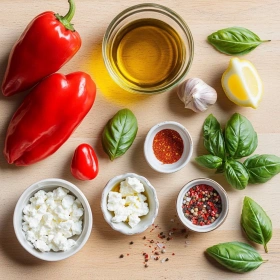 Step-by-step preparation of Smoky Red Pepper Feta Dip showing ingredients and initial cooking steps