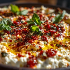 Close-up of Smoky Red Pepper Feta Dip showing texture, layers, and glossy finish