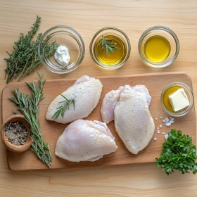 Step-by-step preparation of Grilled Herb Chicken with Creamy Sauce showing ingredients and initial cooking steps