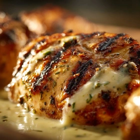 Close-up of Grilled Herb Chicken with Creamy Sauce showing texture, layers, and glossy finish