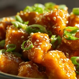 Close-up of Gluten-Free Zesty Orange Chicken showing texture, layers, and glossy finish