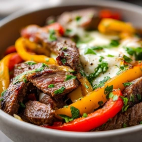 Close-up of Savory Philly Cheesesteak Bowls showing texture, layers, and glossy finish