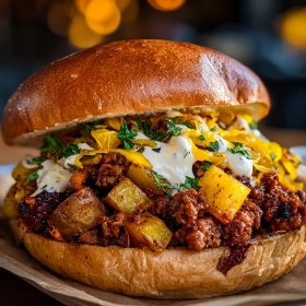 Close-up of Savory Smash Burger Bowl showing texture, layers, and glossy finish