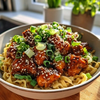 Perfectly cooked Sticky Garlic Chicken Noodles served and ready to eat - final result