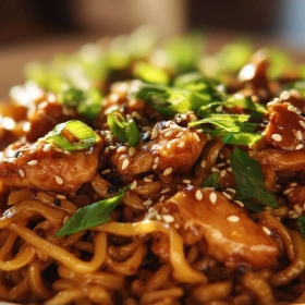 Close-up of Sticky Garlic Chicken Noodles showing texture, layers, and glossy finish