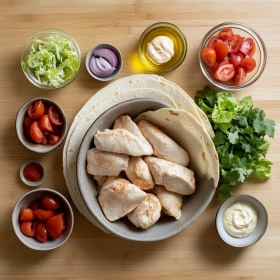 Step-by-step preparation of Spicy Grilled Chicken Wrap Delight showing ingredients and initial cooking steps