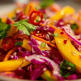 Close-up of Vibrant Mango Slaw Delight showing texture, layers, and glossy finish