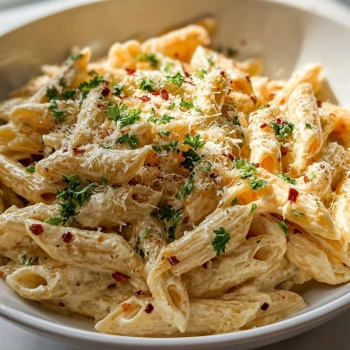 Perfectly cooked One Pot Creamy Garlic Pasta served and ready to eat - final result