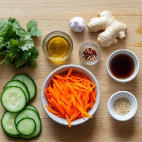 Step-by-step preparation of Zesty Asian Carrot & Cucumber Salad showing ingredients and initial cooking steps