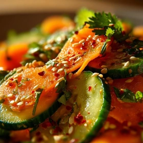 Close-up of Zesty Asian Carrot & Cucumber Salad showing texture, layers, and glossy finish