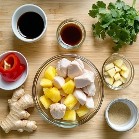 Step-by-step preparation of Tropical Pineapple Chicken Delight showing ingredients and initial cooking steps