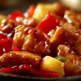 Close-up of Tropical Pineapple Chicken Delight showing texture, layers, and glossy finish