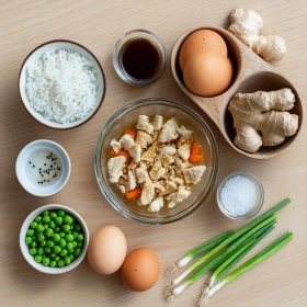 Step-by-step preparation of Quick Gluten-Free Chicken Fried Rice showing ingredients and initial cooking steps
