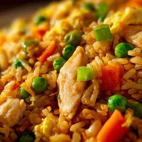 Close-up of Quick Gluten-Free Chicken Fried Rice showing texture, layers, and glossy finish