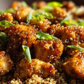 Close-up of Savory Honey Garlic Chicken Quinoa showing texture, layers, and glossy finish