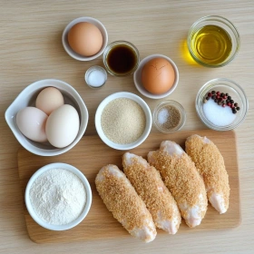 Step-by-step preparation of Crispy Gluten-Free Chicken Katsu showing ingredients and initial cooking steps