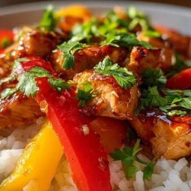 Close-up of Zesty Honey Lime Chicken Bowls showing texture, layers, and glossy finish