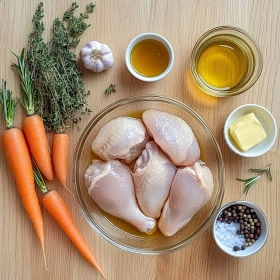 Step-by-step preparation of Herb-Roasted Chicken with Carrots showing ingredients and initial cooking steps