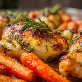 Close-up of Herb-Roasted Chicken with Carrots showing texture, layers, and glossy finish