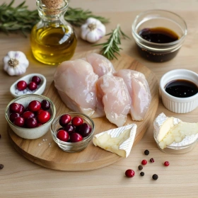 Step-by-step preparation of Cranberry Brie Stuffed Chicken Delight showing ingredients and initial cooking steps
