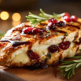 Close-up of Cranberry Brie Stuffed Chicken Delight showing texture, layers, and glossy finish