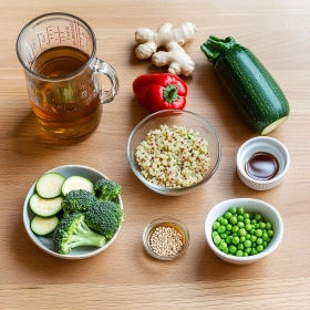 Step-by-step preparation of Quick Quinoa & Veggie Stir-Fry showing ingredients and initial cooking steps
