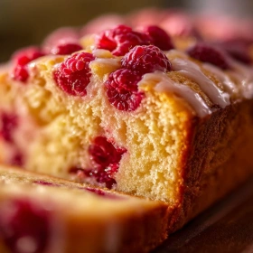 Close-up of Gluten-Free Raspberry Lemon Loaf showing texture, layers, and glossy finish