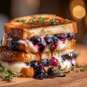 Close-up of Gourmet Blueberry Grilled Cheese showing texture, layers, and glossy finish