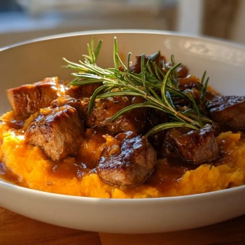 Perfectly cooked Apple Cider Pork with Sweet Potatoes served and ready to eat - final result