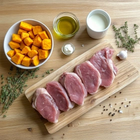 Step-by-step preparation of Apple Cider Pork with Sweet Potatoes showing ingredients and initial cooking steps