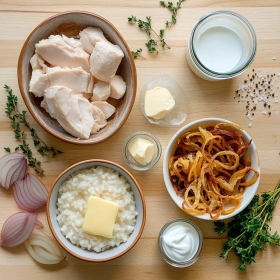 Step-by-step preparation of Savory French Onion Chicken Rice showing ingredients and initial cooking steps