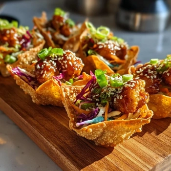 Perfectly cooked Crispy Teriyaki Chicken Wonton Tacos served and ready to eat - final result