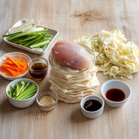 Step-by-step preparation of Crispy Teriyaki Chicken Wonton Tacos showing ingredients and initial cooking steps