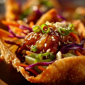 Close-up of Crispy Teriyaki Chicken Wonton Tacos showing texture, layers, and glossy finish