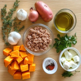 Step-by-step preparation of Savory Ground Turkey Sweet Potato Bake showing ingredients and initial cooking steps