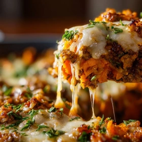 Close-up of Savory Ground Turkey Sweet Potato Bake showing texture, layers, and glossy finish