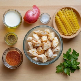Step-by-step preparation of Creamy Cajun Chicken Pasta showing ingredients and initial cooking steps