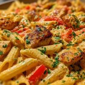Close-up of Creamy Cajun Chicken Pasta showing texture, layers, and glossy finish